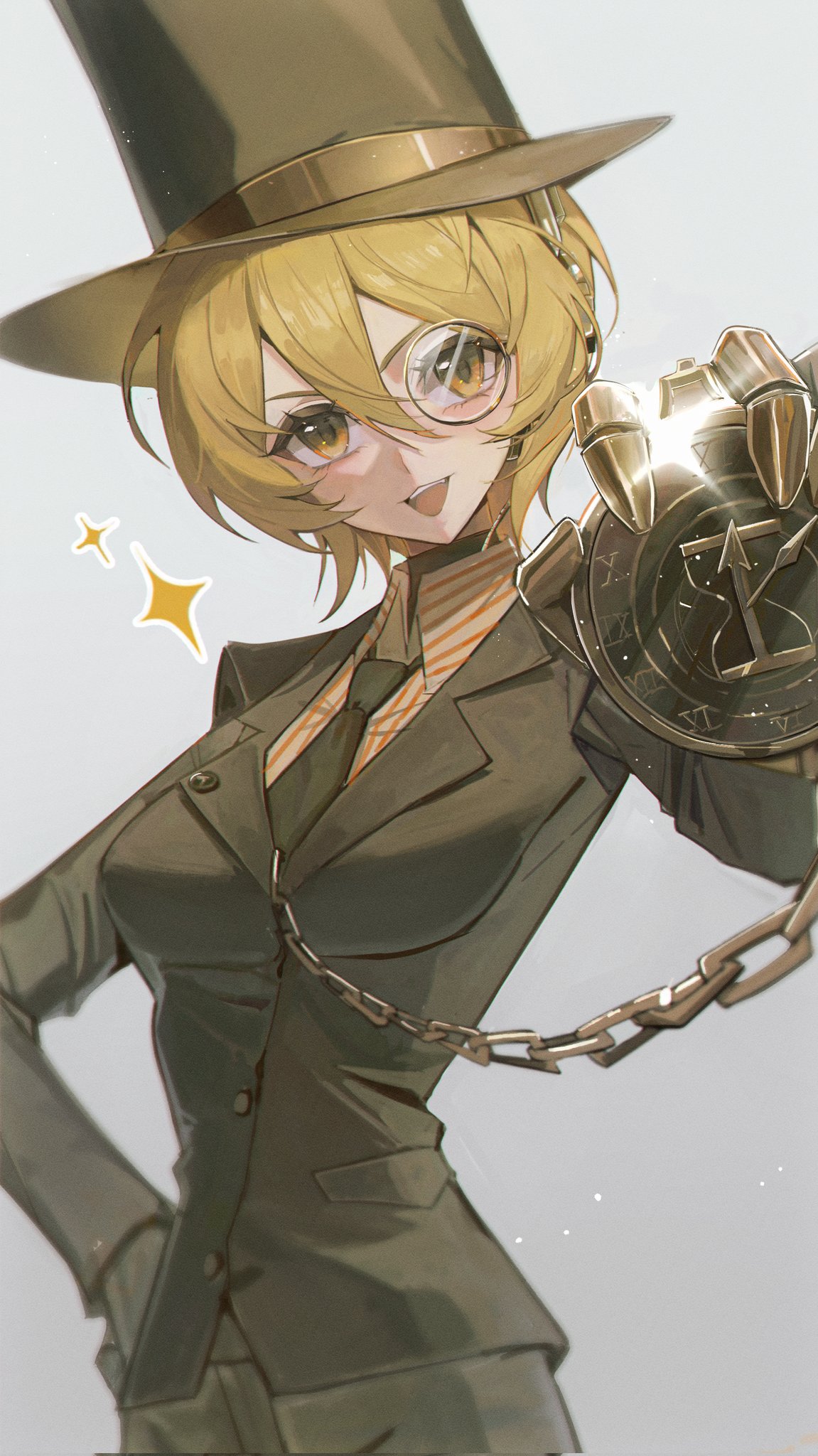 1girl, blonde_hair, brown_hat, brown_jacket, brown_necktie, brown_pants, chain, collared_shirt