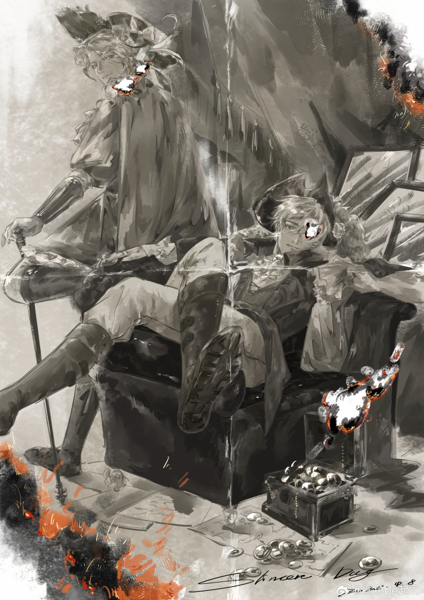 2boys, absurdres, axis_powers_hetalia, bear270901, burning, burning_photo, cane, cape, coat, france_(hetalia), hat, highres, holding, holding_cane, male_focus, medium_hair, multiple_boys, on_chair, pants, plume, sepia, short_hair, sitting, smile, thick_eyebrows, united_kingdom_(hetalia)