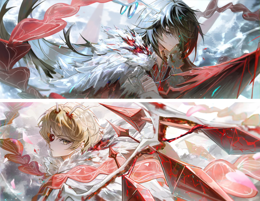 2boys, black_eyes, black_hair, blonde_hair, blood, bloody_wings, closed_mouth, coat