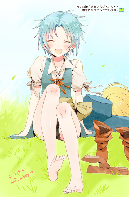 1girl, barefoot, blue_hair, closed_eyes, meadow, merueto, puffy_short_sleeves, puffy_sleeves