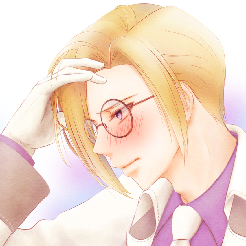 1boy, adam's_apple, azu_rin_go, black-framed_eyewear, blonde_hair, blush, bokujou_monogatari, bokujou_monogatari:_mittsu_no_sato_no_taisetsuna_tomodachi