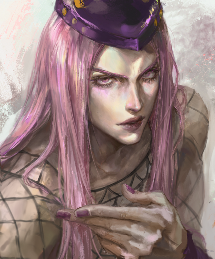 1boy, closed_mouth, commentary, commentary_request, derivative_work, fishnet_top, fishnets, hat, jojo_no_kimyou_na_bouken, long_hair, looking_at_viewer, male_focus, narciso_anasui, pink_eyes, pink_hair, pink_lips, ponytail, purple_hat, purple_nails, rjwkd3, solo, stone_ocean, v-shaped_eyebrows