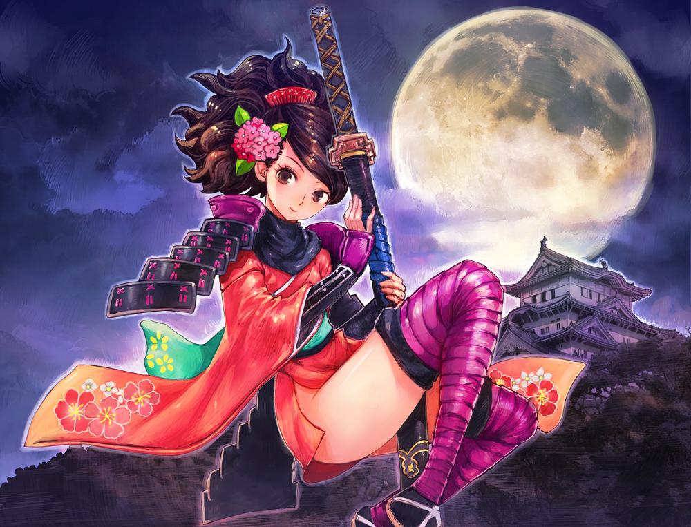 black_hair, boyaking, brown_eyes, flower, hair_flower, hair_ornament, japanese_clothes, katana