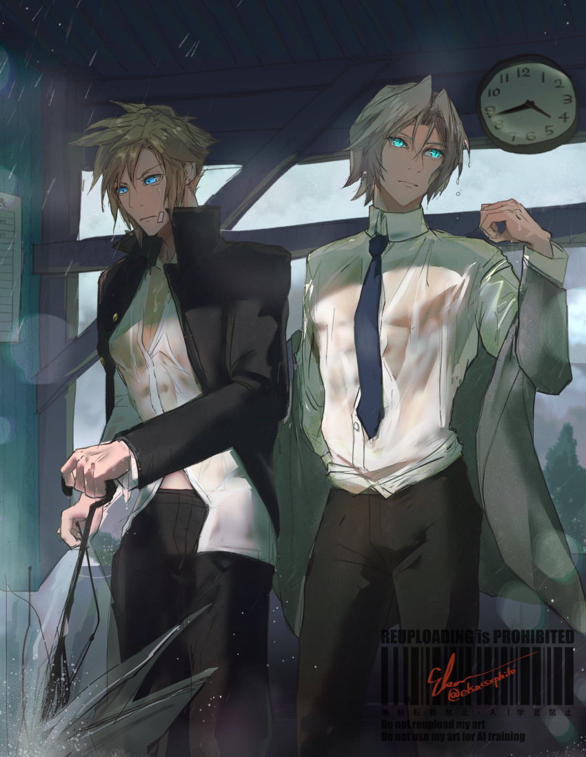 2boys, aqua_eyes, bandaid, bandaid_on_cheek, bandaid_on_face, black_jacket, black_pants, blonde_hair