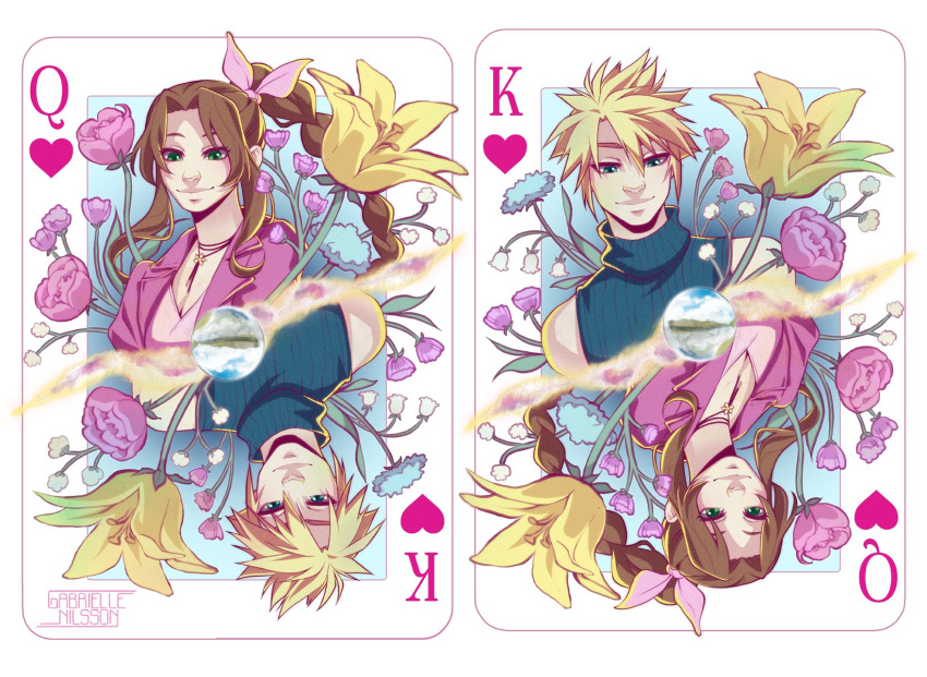 1boy, 1girl, aerith_gainsborough, artist_name, bare_shoulders, blonde_hair, blue_eyes, blue_shirt