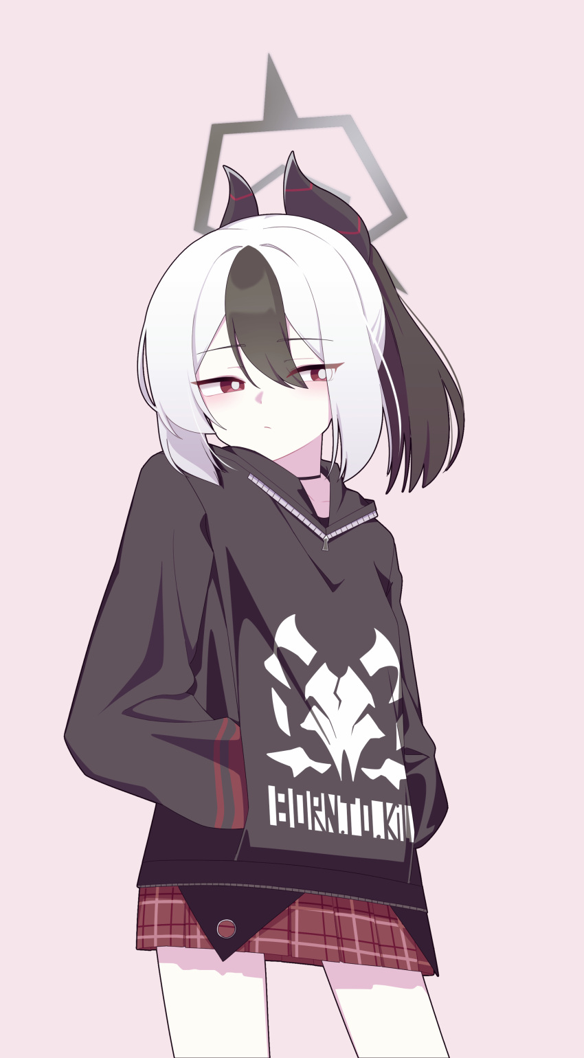 1girl, absurdres, black_hair, black_hoodie, black_horns, blue_archive, commentary, demon_horns