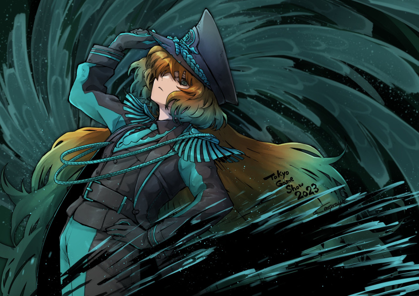 1girl, aqua_eyes, aqua_hair, aqua_necktie, belt, black_belt, black_gloves, black_hat