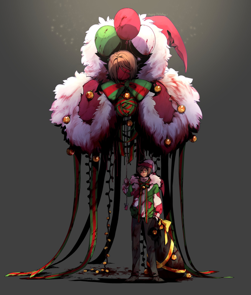 1girl, absurdres, balloon, black_pants, blood, blood_on_clothes, blood_on_face, bow