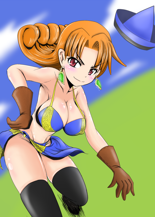 alternate_legwear, bikini, blush, breasts, cleavage, dragon_quest, dragon_quest_iv, earrings, gloves, hat, hat_removed, headwear_removed, jewelry, large_breasts, long_hair, magic_bikini, orange_hair, red_eyes, sarong, smirk, swimsuit, thigh-highs, thighhighs, uozumi_seizi, uozumiseizi