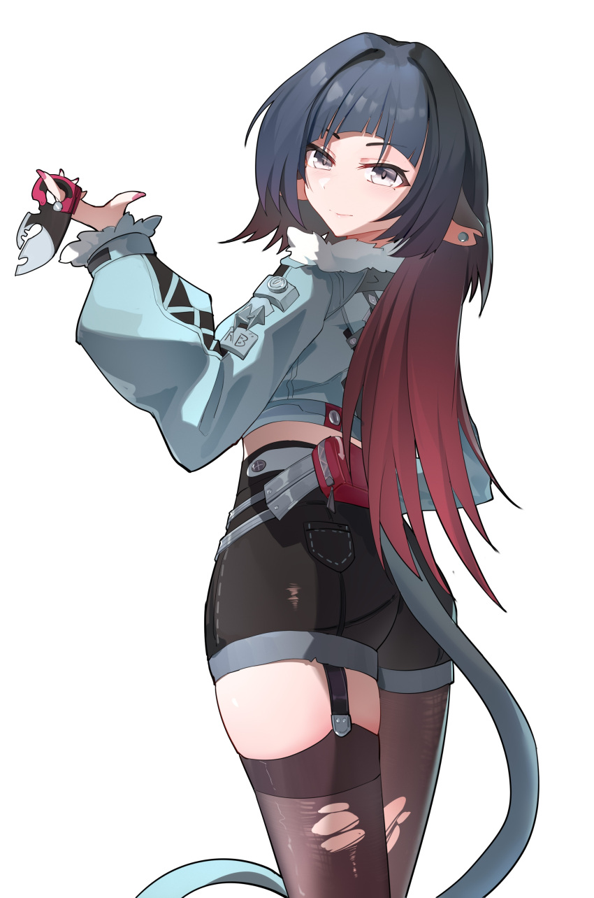 1girl, a_maple, absurdres, animal_ears, black_hair, black_shorts, cow, fur-trimmed_jacket