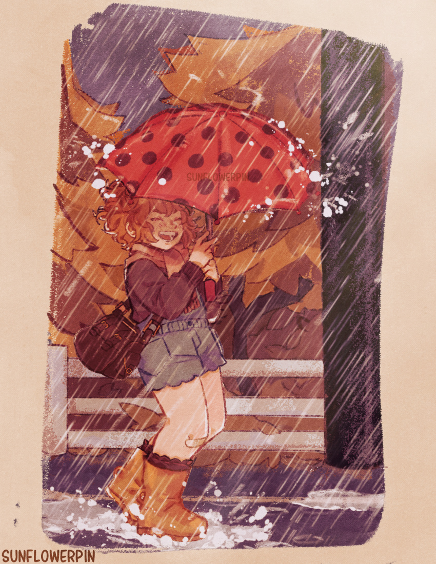 1girl, autumn, bag, blue_shorts, boots, border, closed_eyes, clouds