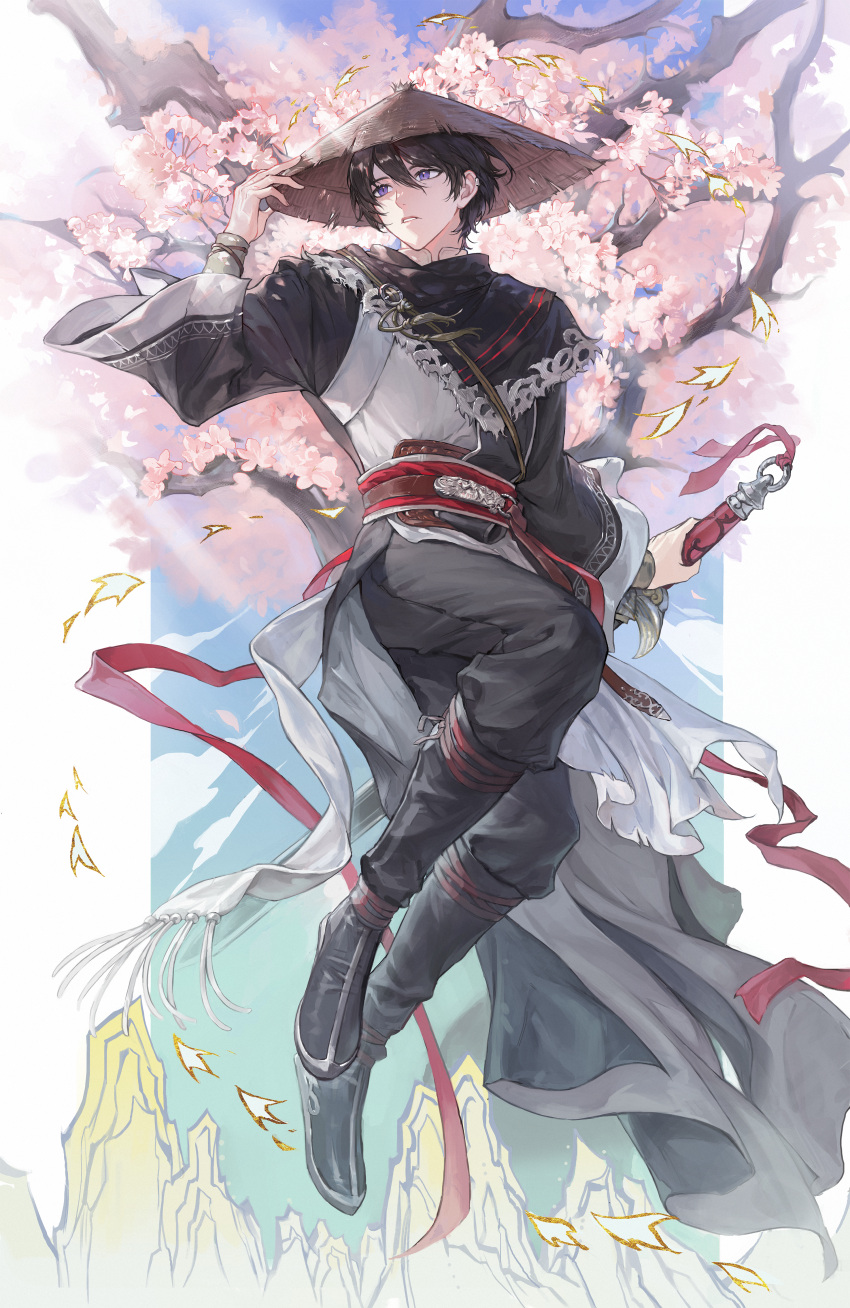 1boy, absurdres, black_boots, black_cape, black_hair, black_pants, black_robe, boots