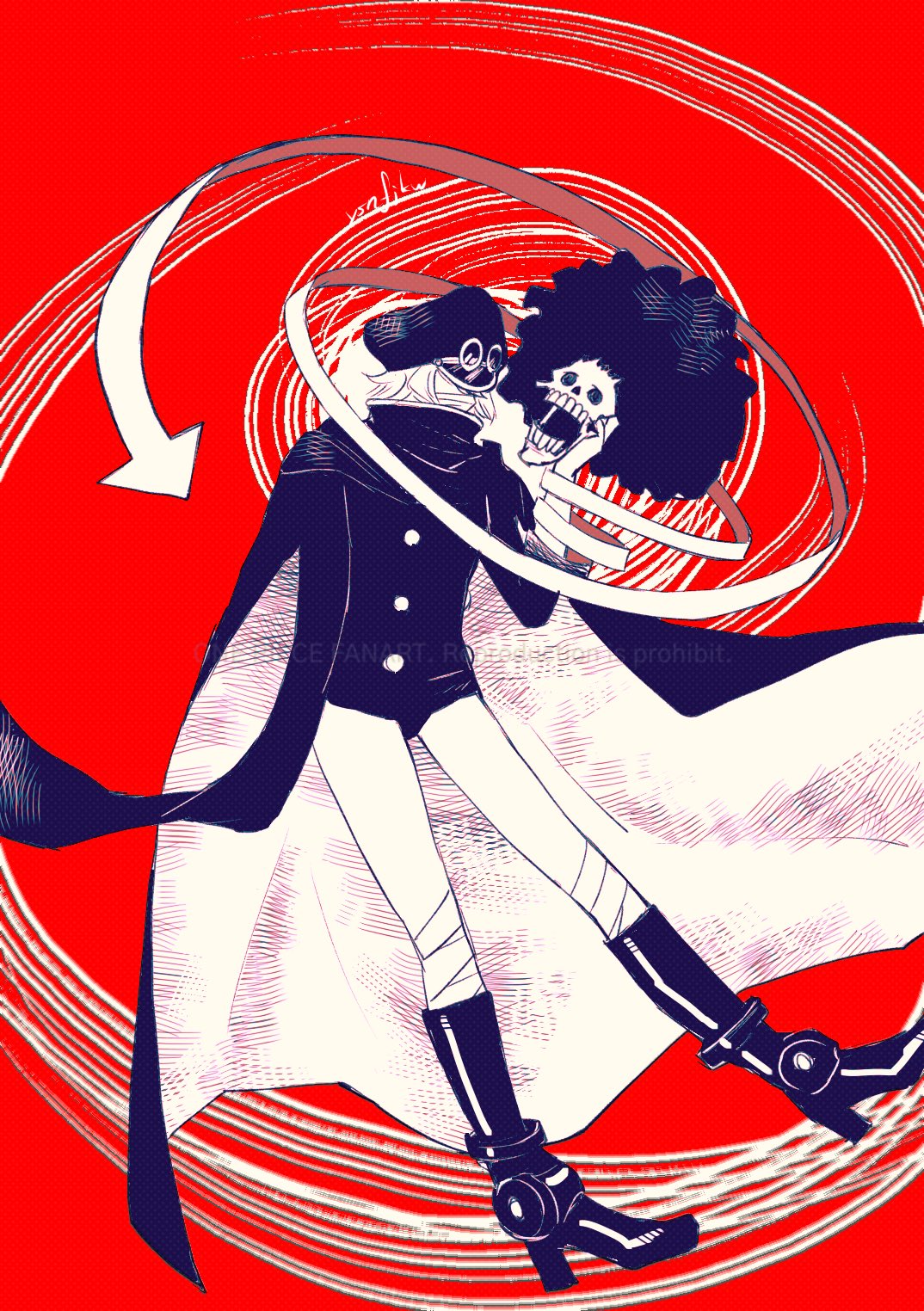 1boy, 1girl, afro, artist_name, boots, brook_(one_piece), cape, commentary