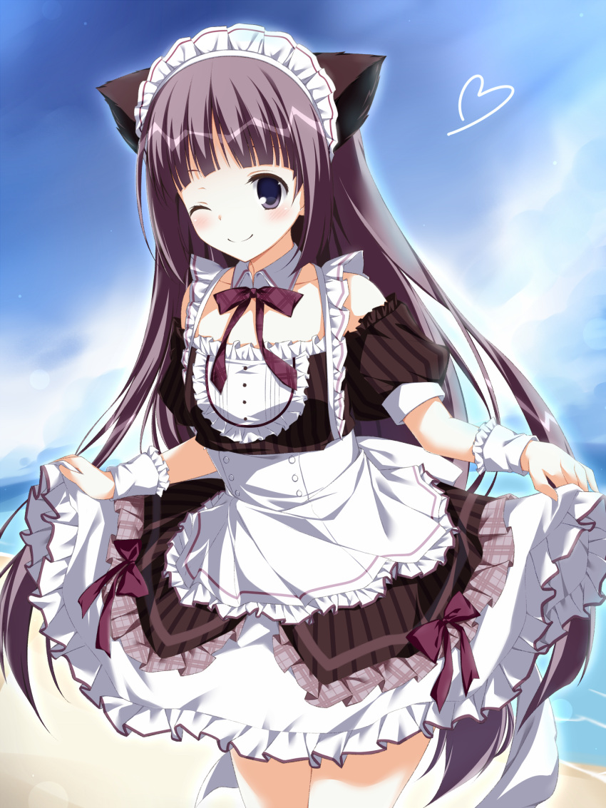 1girl, ;), apron, asagi_nanami, ayugase_tsukiko, bare_shoulders, beach, blue_sky