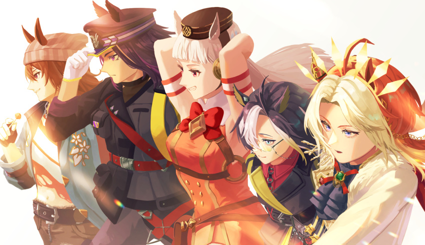 5girls, ahoge, animal_ears, arms_behind_head, ascot, beanie, black_ascot, black_hair