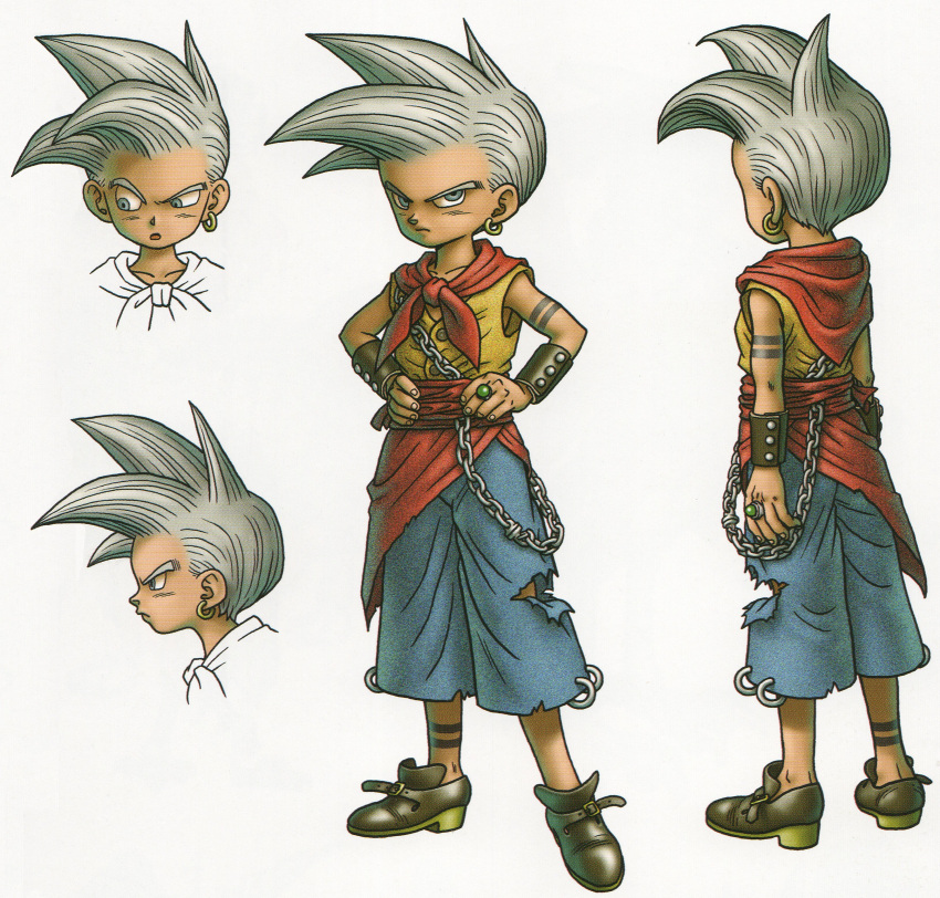 1boy, absurdres, arm_guards, arm_tattoo, blue_pants, brown_shoes, capri_pants, chain