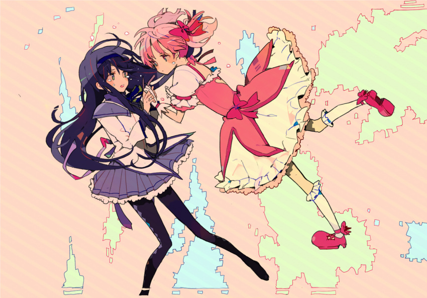 akemi_homura, black_hair, bubble_skirt, hand_holding, highres, holding_hands, kaname_madoka, long_hair