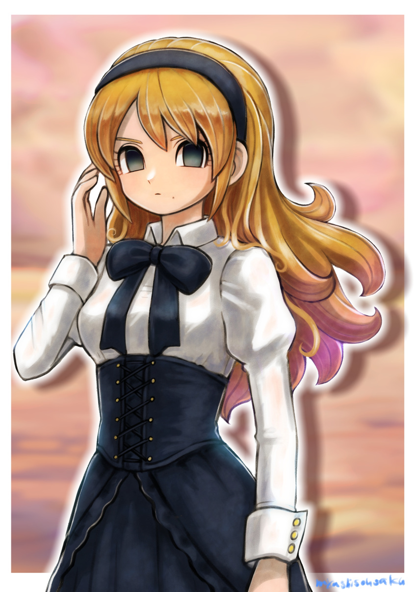 1girl, absurdres, artist_name, black_bow, black_corset, black_eyes, black_hairband, black_skirt