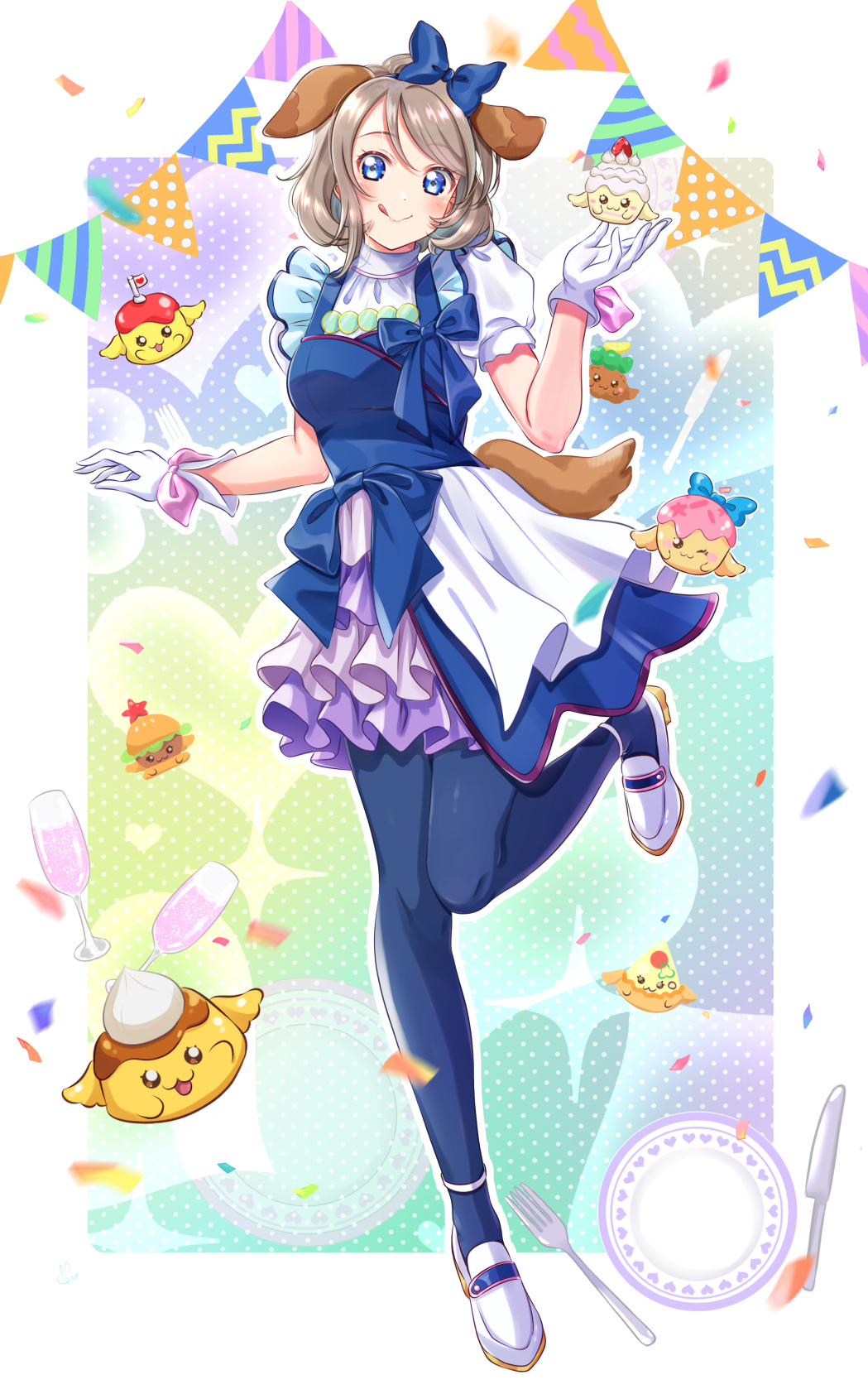 1girl, :q, animal_ears, aqua_background, blue_eyes, blue_pantyhose, blue_shirt, blush