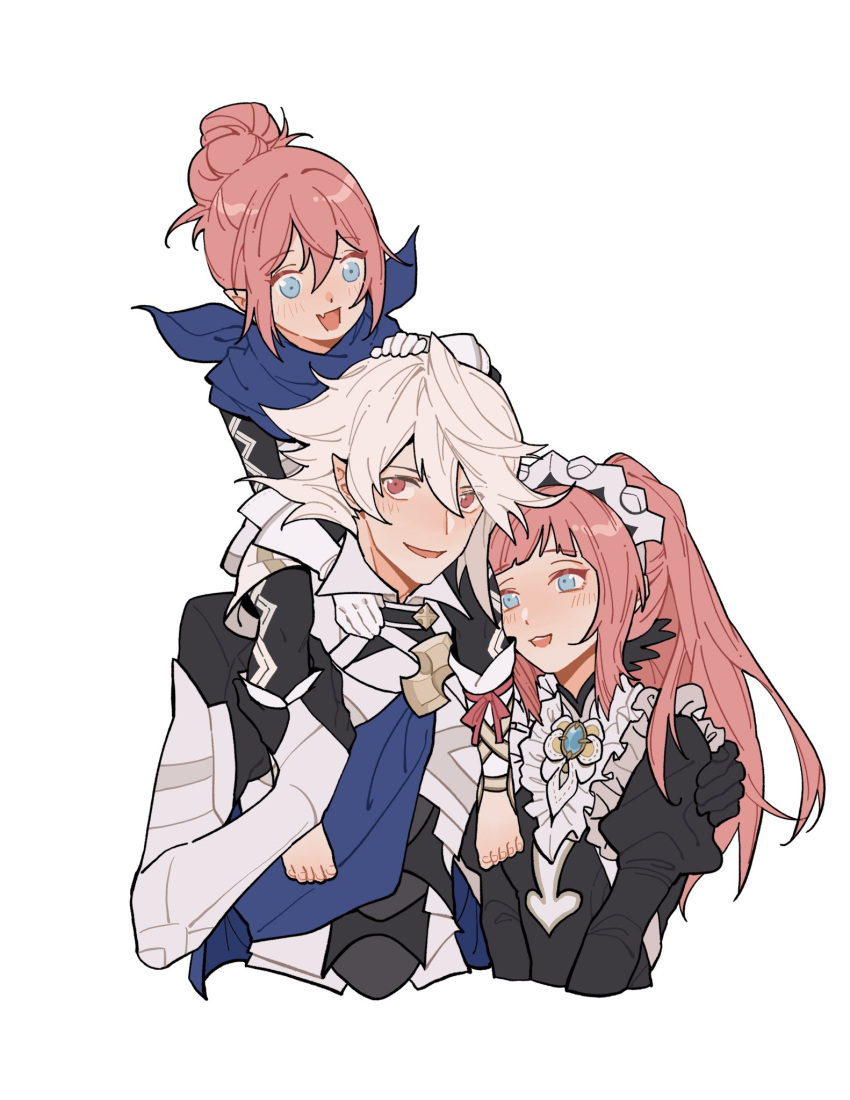 1boy, 2girls, armor, barefoot, black_dress, blue_scarf, carrying, carrying_person, child, commentary, commission, dress, english_commentary, fang, father_and_daughter, felicia_(fire_emblem), female_kana_(fire_emblem), fire_emblem, fire_emblem_fates, grey_hair, hair_between_eyes, hair_bun, hand_on_another's_shoulder, highres, husband_and_wife, julianlynnnn, juliet_sleeves, long_sleeves, maid, maid_headdress, male_corrin_(fire_emblem), mother_and_daughter, multiple_girls, open_mouth, pink_hair, pointy_ears, ponytail, puffy_sleeves, red_hair, scarf, shoulder_carry, simple_background, single_hair_bun, skin_fang, smile, toes, white_background