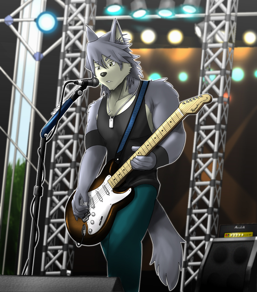 1boy, animal_ears, armband, black_shirt, black_tank_top, commentary_request, dog_boy, dog_ears, dog_tags, dog_tail, electric_guitar, furry, furry_male, guitar, holding, holding_guitar, holding_instrument, holding_plectrum, instrument, jewelry, kouya_aotsuki, male_focus, microphone, microphone_stand, morenatsu, necklace, pants, plectrum, poge_jirushi, shirt, sleeveless, sleeveless_shirt, stage, stage_lights, tail, tank_top, wristband