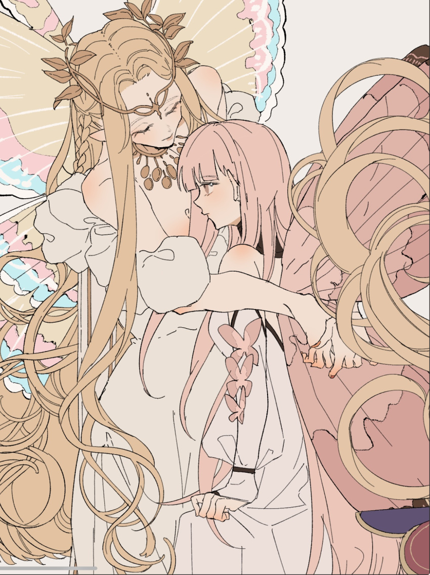 2girls, aurora_(fate), blonde_hair, blunt_bangs, braid, bug, butterfly, choker