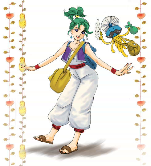 bracelet, cosplay, curly_hair, dragon_quest, dragon_quest_iii, dragon_quest_iv, earrings, facial_hair, green_hair, heroine_(dq4), hoimi_slime, jewelry, merchant_(dq3), merchant_(dq3)_(cosplay), merchant_(dq3)_cosplay, mustache, nao_(moji), overalls, purple_eyes, sandals, short_hair, short_ponytail, smile, turban, vest, violet_eyes, wings