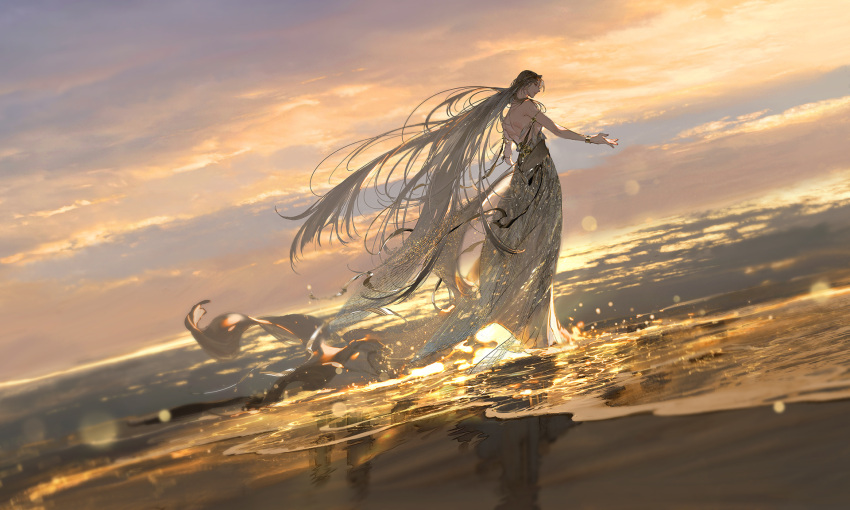 1girl, backless_dress, backless_outfit, beach, brown_hair, clouds, cloudy_sky, commentary_request