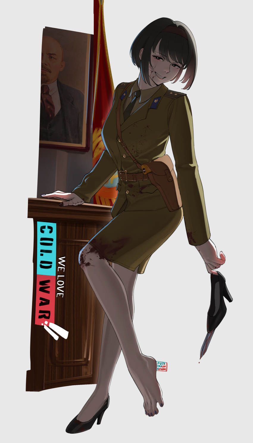 1girl, absurdres, belt, black_hair, blood, blood_on_clothes, blood_on_face, bright_pupils