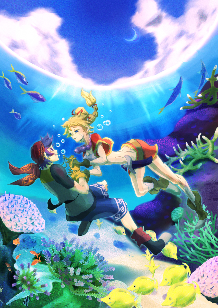 1boy, 1girl, animal, black_gloves, blue_eyes, blue_hair, blue_sky, chrono_cross, clouds, commentary_request, coral, day, facial_mark, fish, gloves, highres, holding_hands, kid_(chrono_cross), long_hair, looking_at_another, ocean, ponytail, profile, red_skirt, satori_ill, serge_(chrono_cross), skirt, sky, smile, underwater, water, yellow_gloves