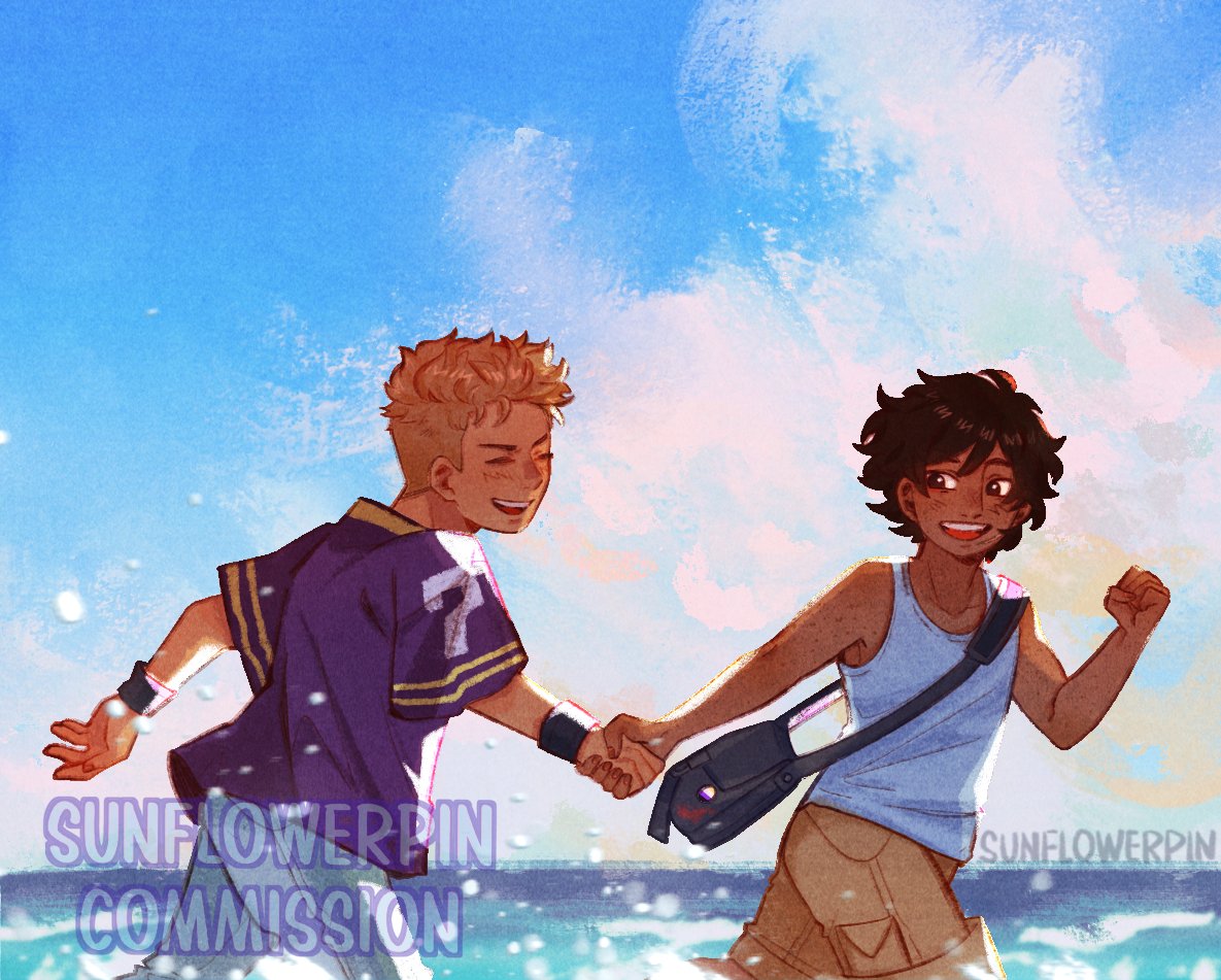 2boys, :d, bag, blue_sky, blurry, blurry_foreground, brown_eyes, brown_hair