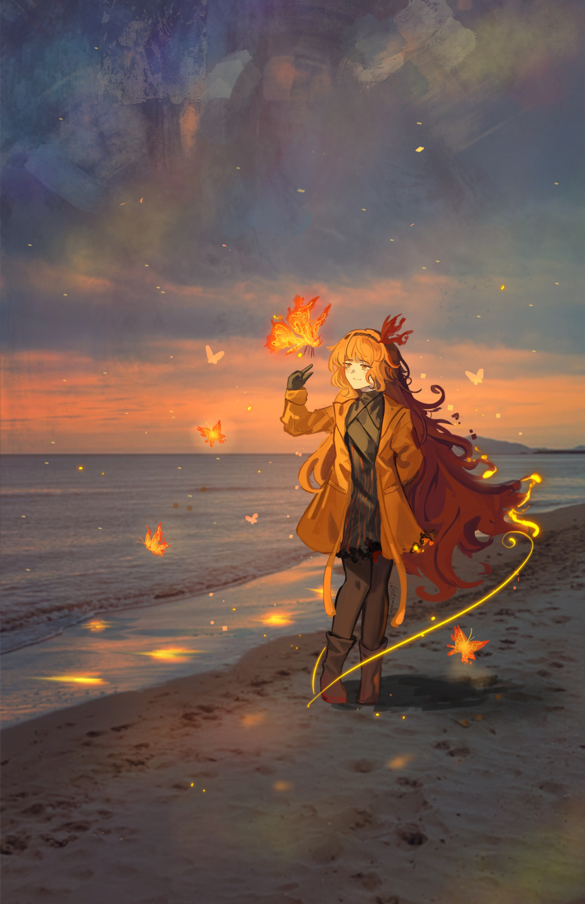 1girl, absurdres, ardor_blossom_moth, ardor_blossom_star_(e.g.o), arm_behind_back, beach, black_boots, black_dress, black_gloves, boots, bug, butterfly, butterfly_hair_ornament, coat, dress, e.g.o_(project_moon), embers, footprints, full_body, gloves, hair_ornament, headband, highres, horizon, index_finger_raised, ishid0ru, ishmael_(project_moon), knees_together_feet_apart, light_particles, limbus_company, long_hair, ocean, open_clothes, open_coat, orange_butterfly, orange_coat, orange_eyes, orange_hair, project_moon, reaching, smile, solo, sunset, too_many, too_many_butterflies, very_long_hair