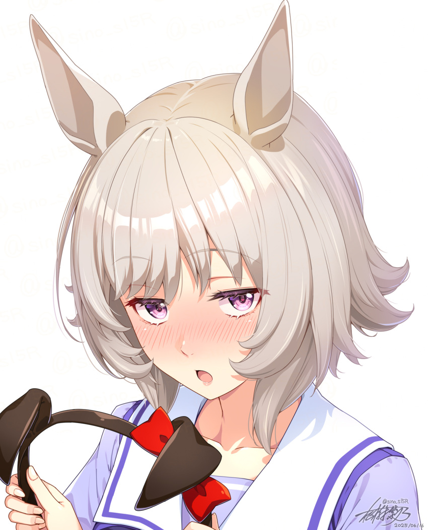 1girl, blush, commentary_request, curren_chan_(umamusume), dated, ear_cover_removed, ear_covers, grey_hair