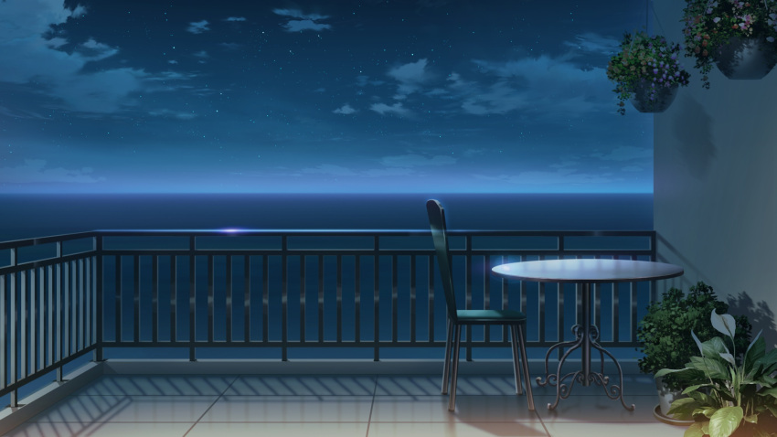 balcony, bistro_table, blue_sky, chair, clouds, cloudy_sky, drop_shadow, glowing