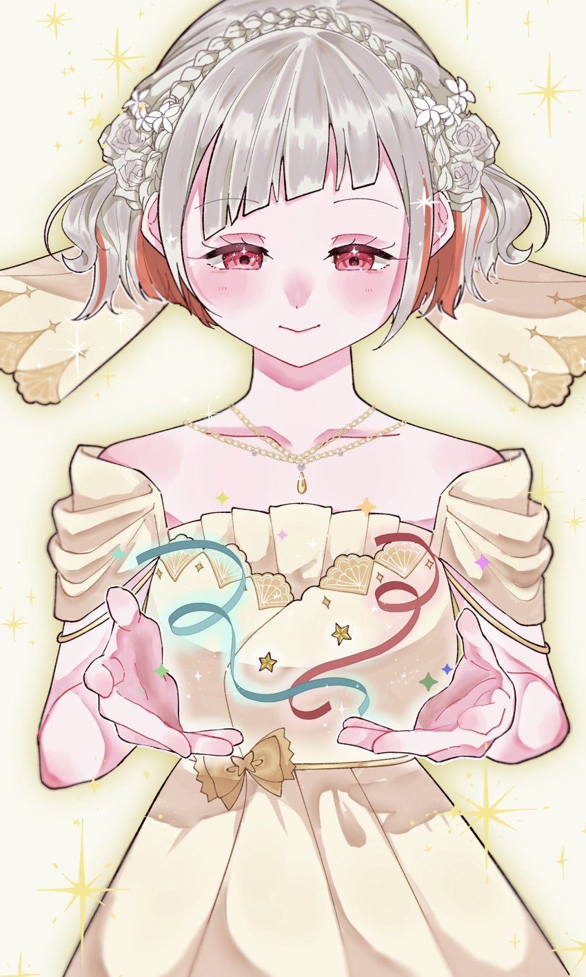 1girl, absurdres, bare_shoulders, blue_ribbon, blush, braid, closed_mouth, collarbone