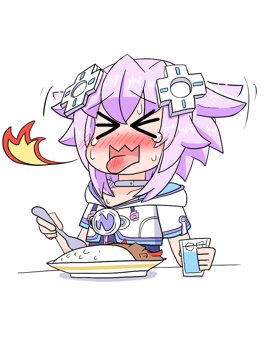 >_<, 1girl, burning_mouth, choker, choujigen_game_neptune, cup, curry, curry_rice