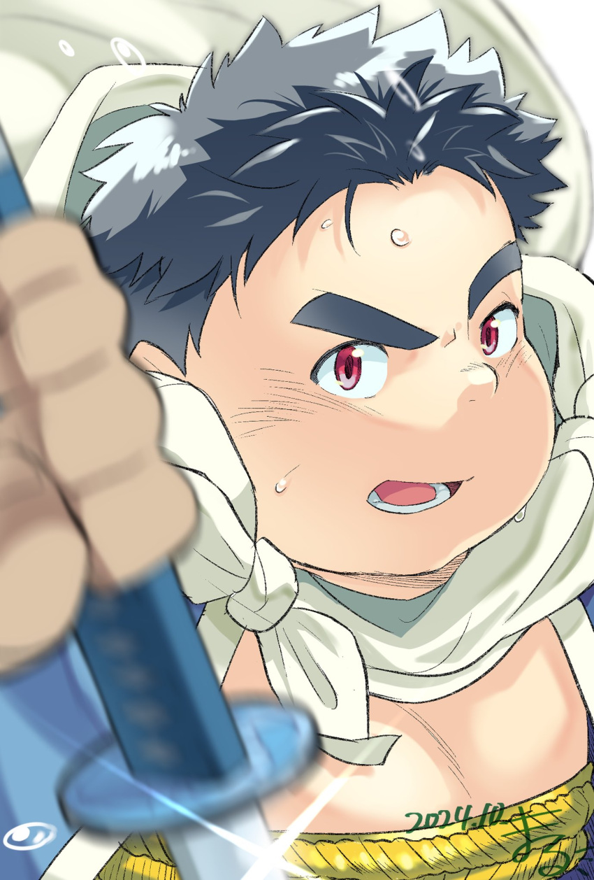 1boy, artist_name, black_hair, cape, close-up, commentary, dated, diffraction_spikes