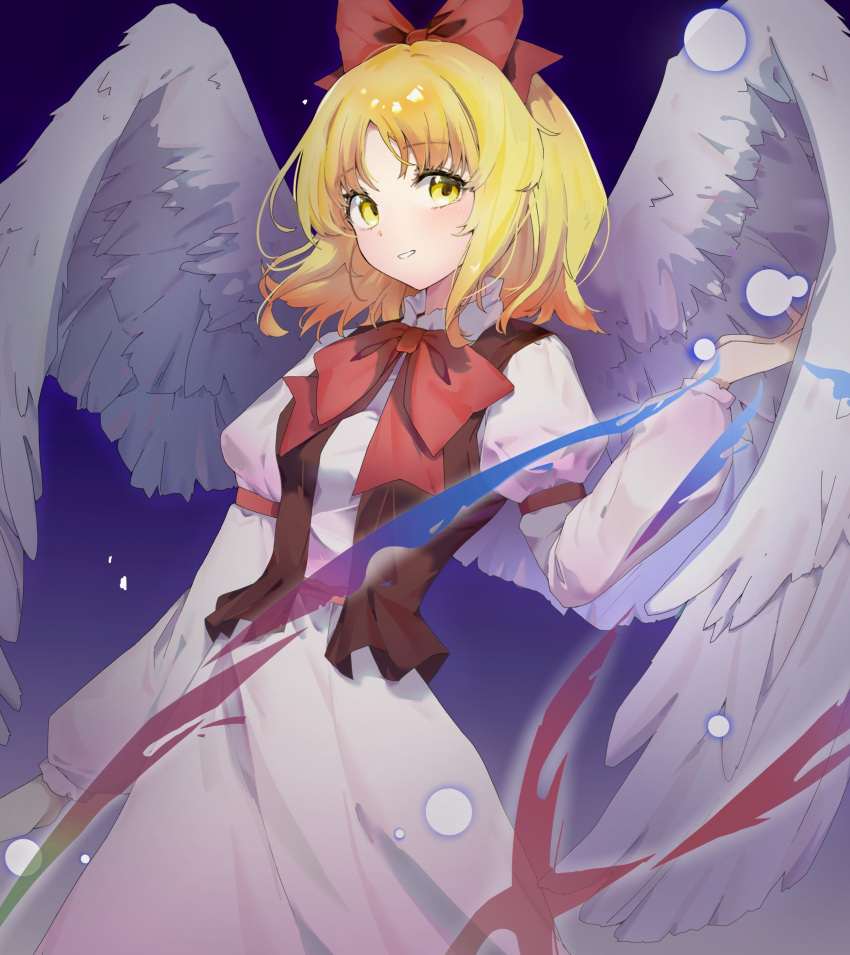 1girl, absurdres, angel_wings, blonde_hair, bow, bowtie, brown_vest, commentary_request