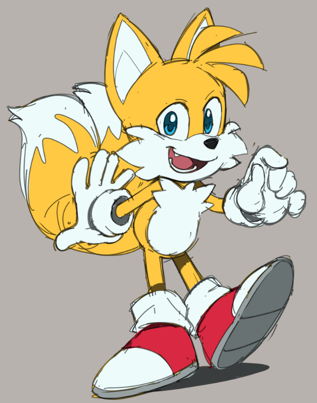 1boy, animal_ears, english_commentary, extra_tails, fang, fox_boy, fox_ears, fox_tail, furry, furry_male, gloves, grey_background, komoroshi, looking_at_viewer, male_focus, open_mouth, red_shoes, shoes, sketch, sonic_(series), tail, tails_(sonic), white_gloves