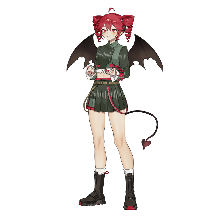 1girl, absurdres, ahoge, ankle_boots, ankle_socks, belt, black_boots, black_shirt, black_tail, black_wings, blush, boots, brown_belt, buttons, closed_mouth, collared_shirt, demon_tail, demon_wings, drill_hair, fingernails, flat_chest, full_body, hair_between_eyes, hands_up, highres, junlin_drake, kasane_teto, kasane_teto_(voicepeak), long_sleeves, looking_ahead, miniskirt, navel, pleated_skirt, print_shirt, print_skirt, red_belt, red_eyes, red_hair, red_nails, shirt, simple_background, skirt, skirt_set, smile, socks, solo, sound_wave, standing, tail, transparent_background, twin_drills, twintails, utau, voicepeak, wing_collar, wings
