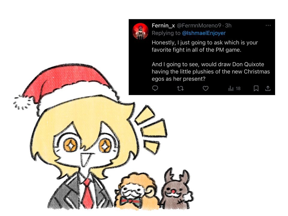 1girl, animalization, black_coat, blonde_hair, character_doll, christmas_nightmare_(e.g.o), coat, collared_shirt, doll, don_quixote_(project_moon), e.g.o_(project_moon), gregor_(project_moon), hat, ishmael_(project_moon), lapels, limbus_company, necktie, notched_lapels, open_mouth, project_moon, red_necktie, request_inset, santa_hat, shirt, short_hair, smile, solo, sparkling_eyes, stuffed_toy, white_shirt, yellow_eyes, yongsa_(ishmaelenjoyer)