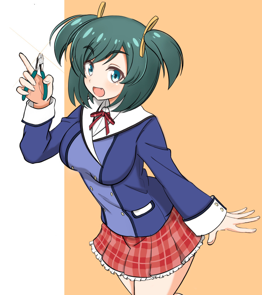 1girl, :d, absurdres, blue_eyes, blue_jacket, blush, breasts, diagonal_pliers