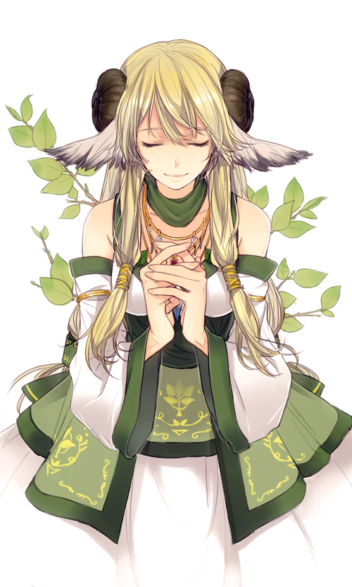 bare_shoulders, blonde_hair, closed_eyes, detached_sleeves, eyes_closed, horns, leaf, long_hair