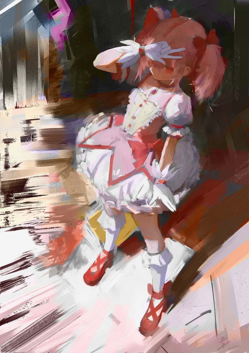 1girl, absurdres, arm_up, bow, bubble_skirt, daodtt, empty_eyes, full_body