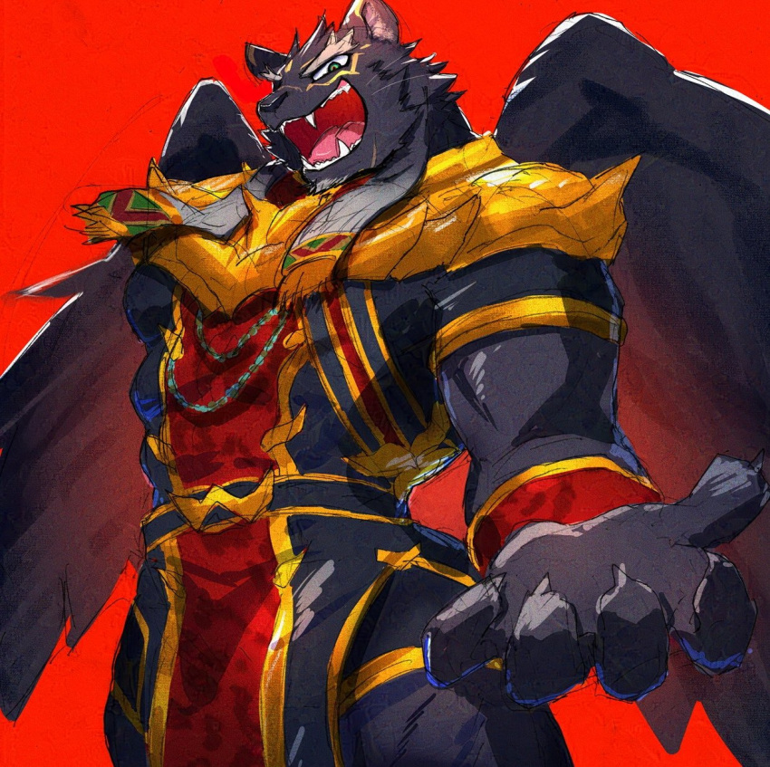 1boy, animal_ears, claws, commentary, fangs, feathered_wings, furry, furry_male