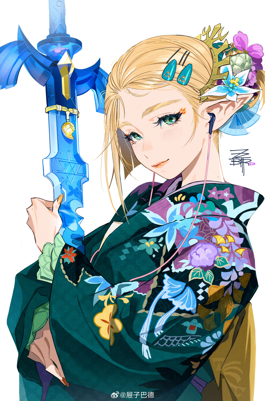 1girl, absurdres, blonde_hair, closed_mouth, floral_print, floral_print_kimono, flower, green_eyes