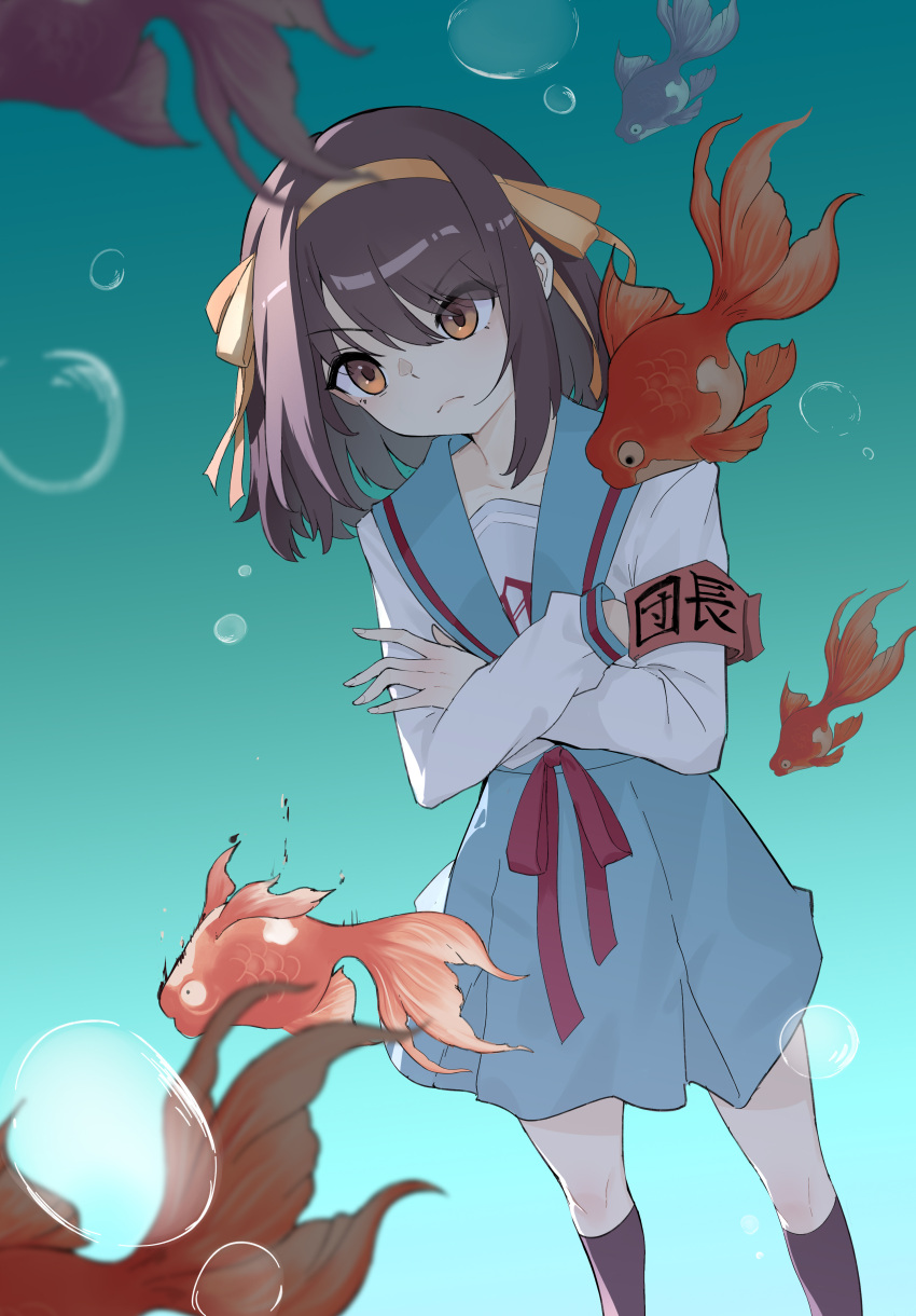1girl, a_yu_(2932120331), absurdres, air_bubble, armband, black_socks, blue_sailor_collar, blue_skirt