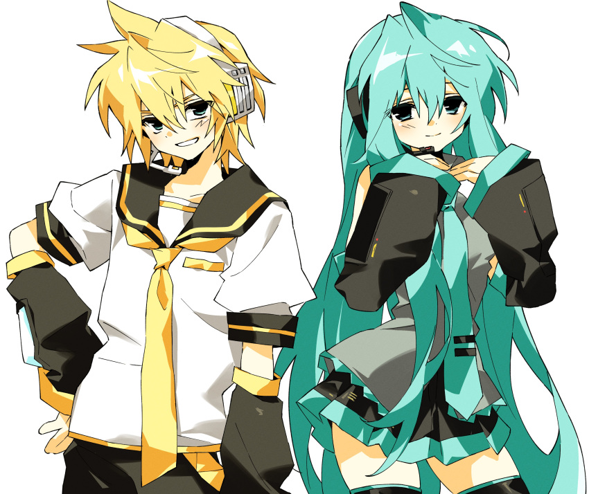 1boy, 1girl, absurdres, aqua_eyes, aqua_hair, black_sleeves, closed_mouth, cowboy_shot