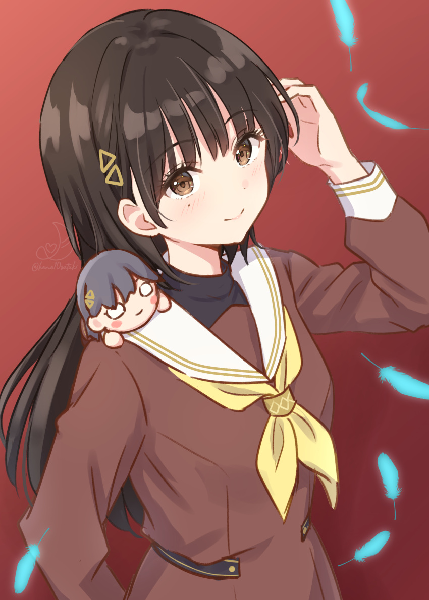 1girl, absurdres, animification, black_hair, blue_feathers, blush, breasts, brown_dress