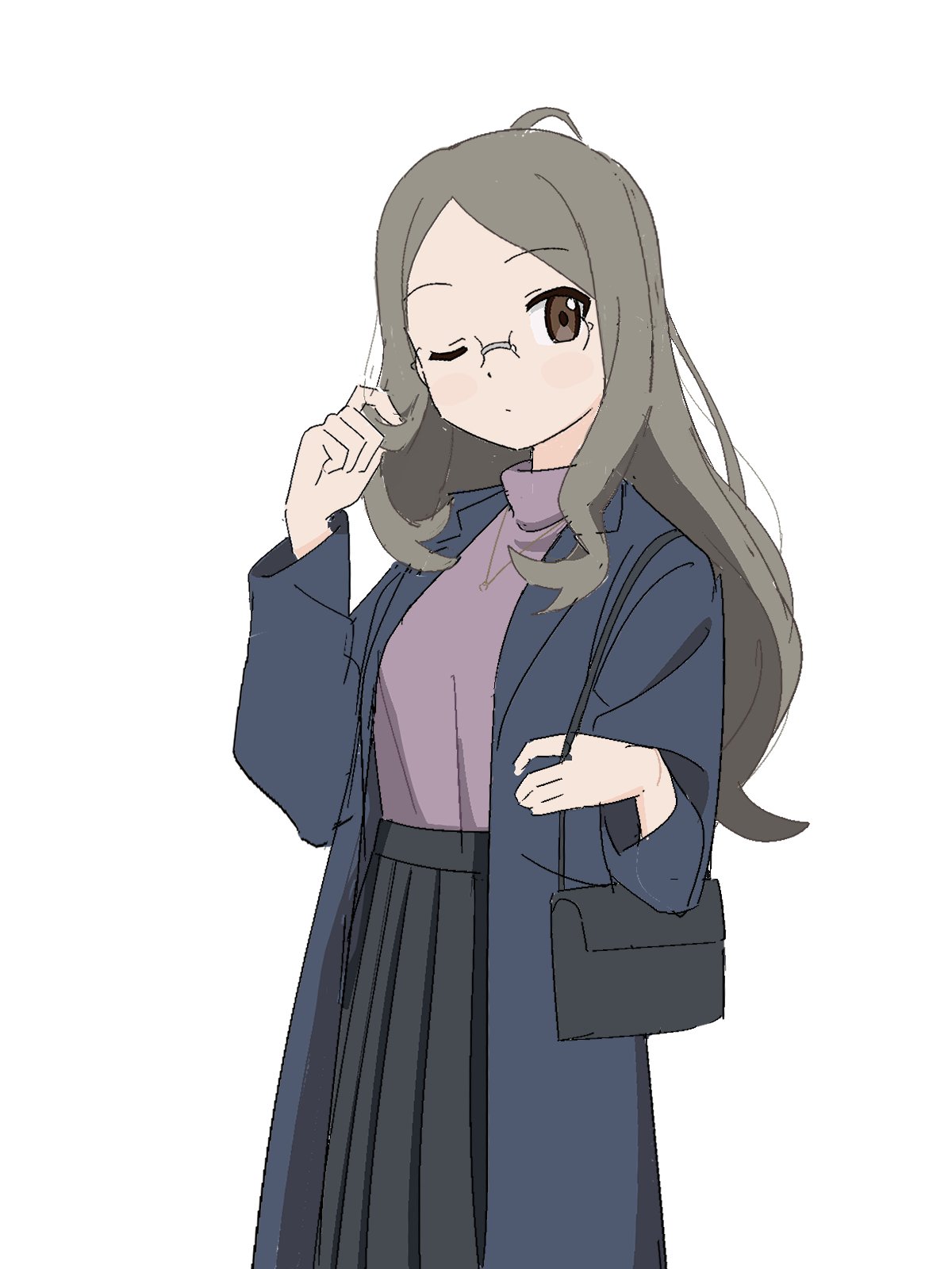 1girl, bag, black_bag, black_skirt, blue_jacket, glasses, grey_eyes, grey_hair